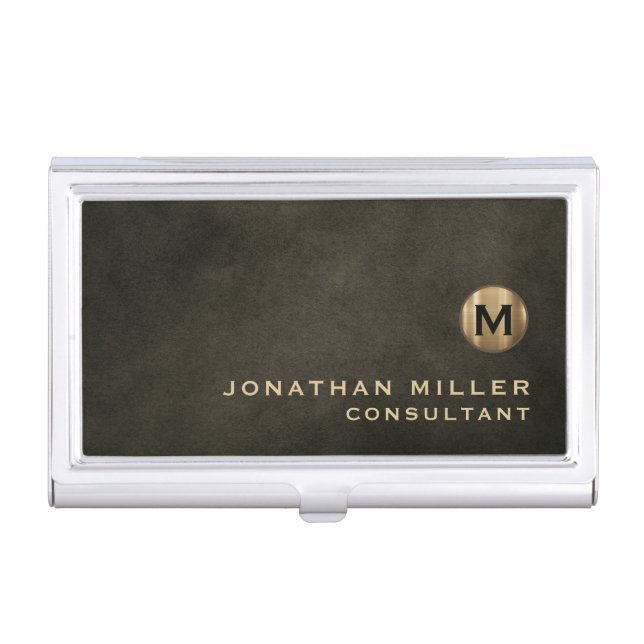 Minimal Luxury Black Gold Monogram Business Card Case (Front)