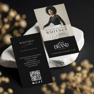 Minimal Luxury Black Interior Designer Photo Logo Business Card