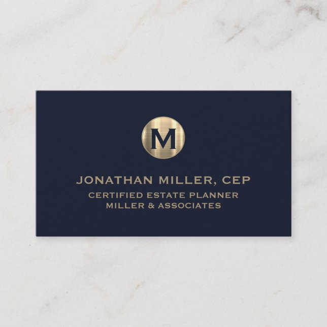 Minimal Luxury Blue Gold Initial Business Card (Front)