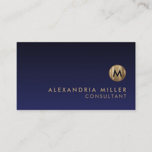 Minimal Luxury Brushed Gold Monogram Navy Blue Business Card