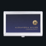 Minimal Luxury Brushed Gold Monogram Navy Blue Business Card Case<br><div class="desc">Minimalist monogram design with brushed metallic gold monogram medallion with personalized name and title or custom text below on a gradient background in shades of navy blue. Personalize for your custom use.</div>