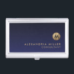 Minimal Luxury Brushed Gold Monogram Navy Blue Business Card Case<br><div class="desc">Minimalist monogram design with brushed metallic gold monogram medallion with personalized name and title or custom text below on a gradient background in shades of navy blue. Personalize for your custom use.</div>