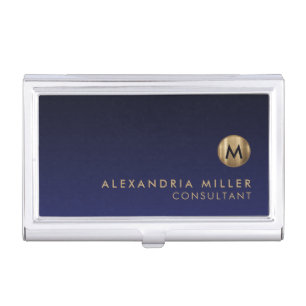 Minimal Luxury Brushed Gold Monogram Navy Blue Business Card Case