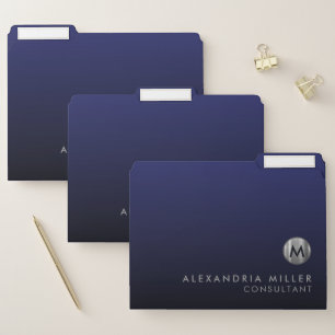 Minimal Luxury Brushed Silver Monogram Navy Blue File Folder