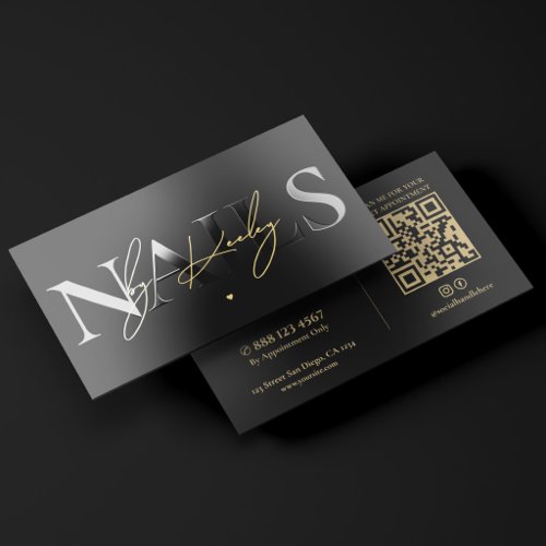 Minimal Luxury Nail Tech Studio Black Gold Foil Spot Gloss Business Cards