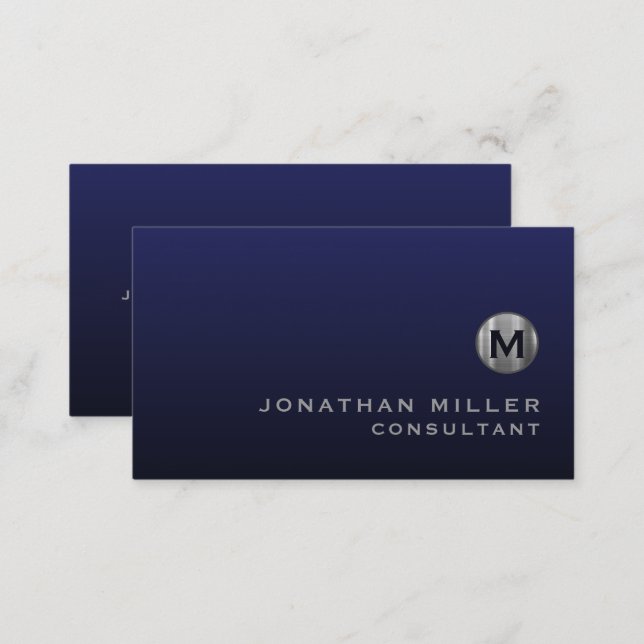 Minimal Luxury Navy Blue Silver Monogram Business Card