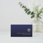 Minimal Luxury Navy Blue Silver Monogram Business Card (Standing Front)