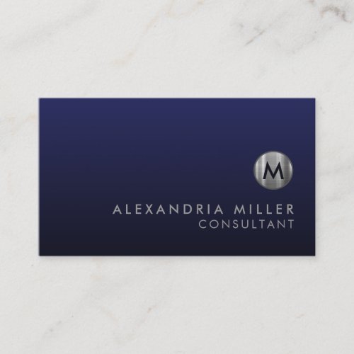 Minimal Luxury Navy Blue Silver Monogram Business Card