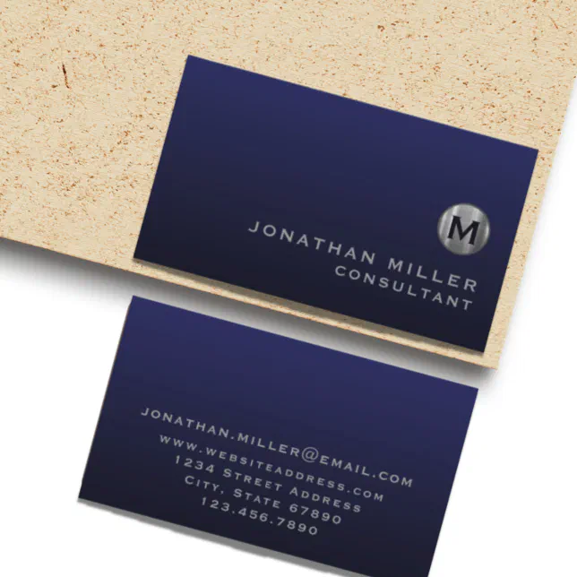 Minimal Luxury Navy Blue Silver Monogram Business Card