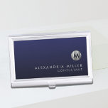 Minimal Luxury Navy Blue Silver Monogram Business Card Case<br><div class="desc">Minimalist monogram design with brushed metallic silver monogram medallion with personalized name and title or custom text below on a gradient background in shades of navy blue. Personalize for your custom use.</div>