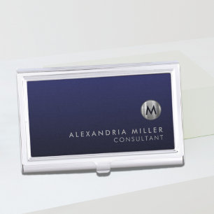 Minimal Luxury Navy Blue Silver Monogram Business Card Case