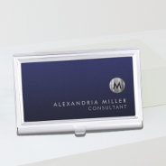 Minimal Luxury Navy Blue Silver Monogram Business Card Case at Zazzle
