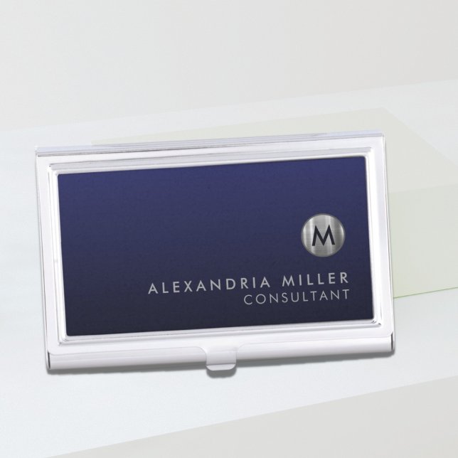 Minimal Luxury Navy Blue Silver Monogram Business Card Case (Creator Uploaded)