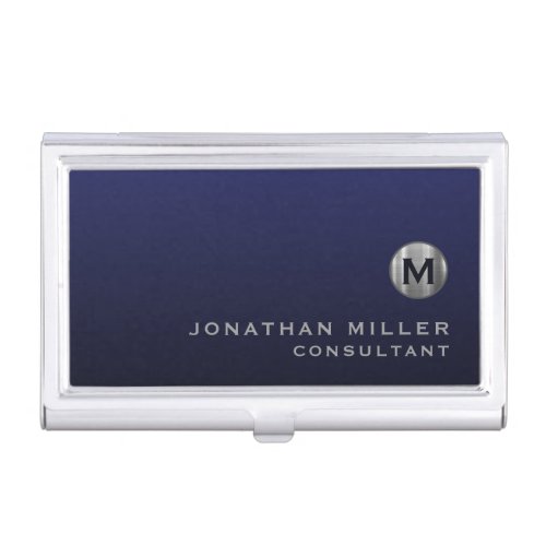 Minimal Luxury Navy Blue Silver Monogram Business Card Case
