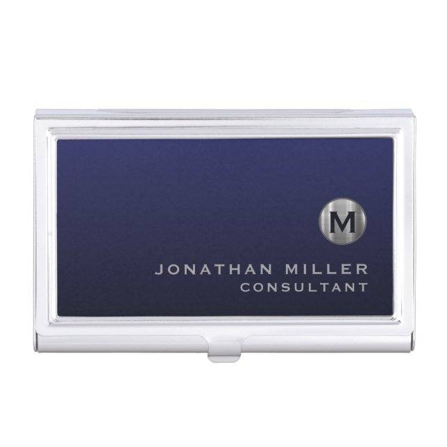 Minimal Luxury Navy Blue Silver Monogram Business Card Case (Front)
