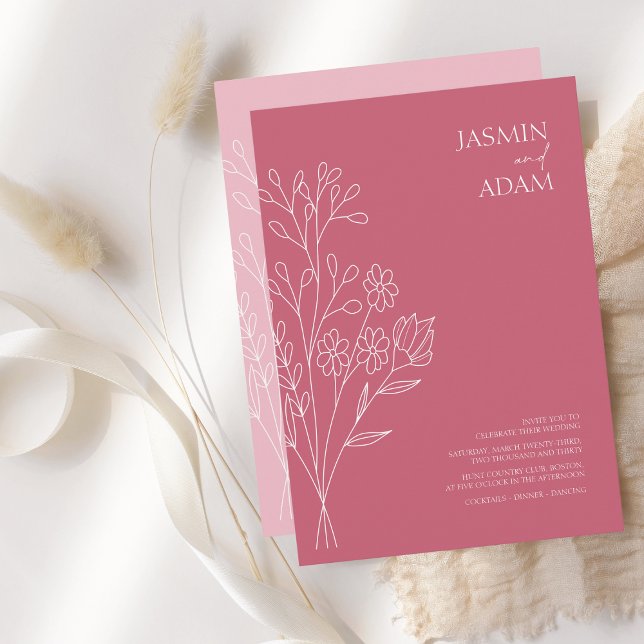 Minimal Magenta Pink White Wildflower Wedding Invitation (Creator Uploaded)