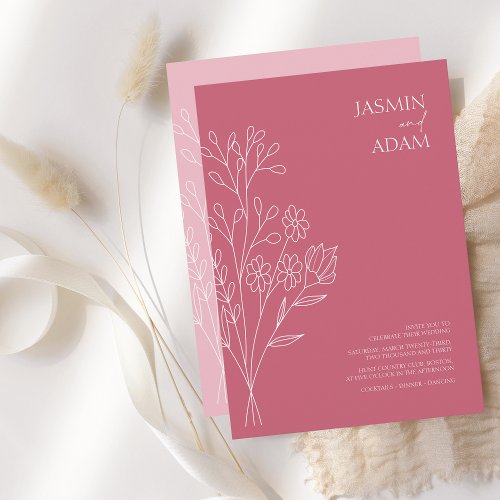 Minimal Magenta Pink White Wildflowers Wedding Invitation