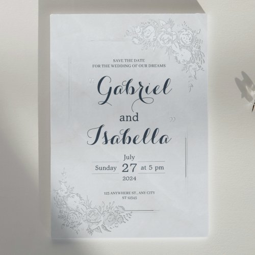 Minimal Marble And Floral White Dusty Blue Wedding Foil Invitation