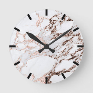 Minimal Marble Copper Rose Gold Black White Urban Round Clock