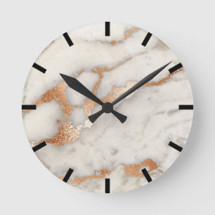 Minimal Marble Coral Rose Gold Black White Urban Round Clock
