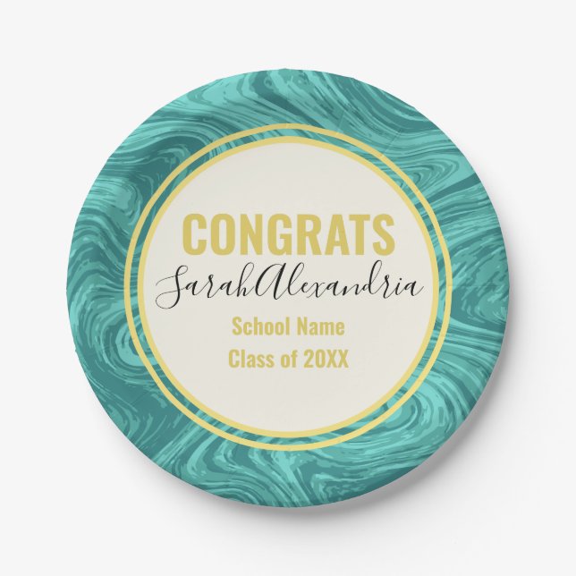 Minimal Marbled Teal Turquoise Wave Grad Party Paper Plates (Front)