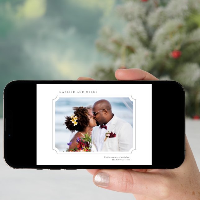 Minimal Married & Merry Newlyweds Photo Landscape Holiday Card (Front Digital)