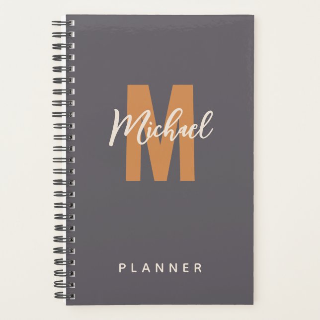 Minimal Masculine Dark Gray/Grey Monogram Name Planner (Front)