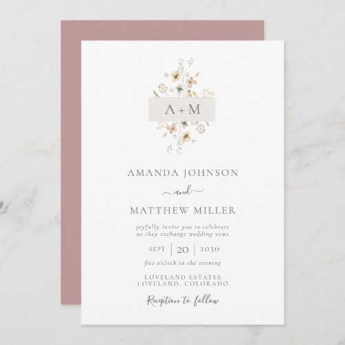 Minimal Mauve Watercolor Floral Monogram Wedding Invitation