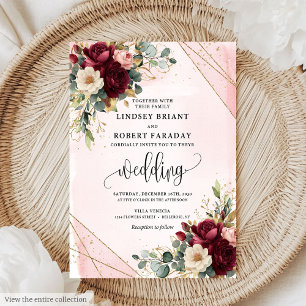 Minimal Merlot Gold Blush Flowers Modern Wedding Invitation