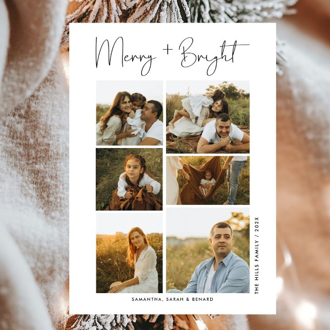 Minimal Merry and Bright Christmas Family 6 Photos Holiday Card (Creator Uploaded)
