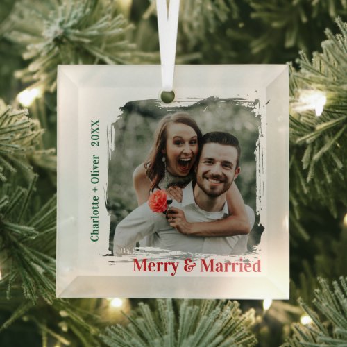 Minimal Merry and Married Couples First Christmas Glass Ornament