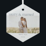 Minimal Merry and Married Photo  Ceramic Ornament<br><div class="desc">This simple and modern holiday photo ornament features the text merry and married in a dark navy blue color. Personalize by adding a photo, the couple's name and wedding date! This is a perfect Christmas gift for the newlyweds in your life. For further customization, send us a message on Zazzle!...</div>