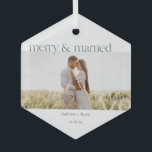 Minimal Merry and Married Photo  Ceramic Ornament<br><div class="desc">This simple and modern holiday photo ornament features the text merry and married in a dark navy blue color. Personalize by adding a photo, the couple's name and wedding date! This is a perfect Christmas gift for the newlyweds in your life. For further customization, send us a message on Zazzle!...</div>