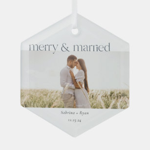 Minimal Merry and Married Photo  Ceramic Ornament