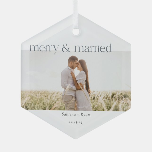 Minimal Merry and Married Photo  Ceramic Ornament (Front)