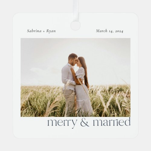 Minimal Merry and Married Photo  Ceramic Ornament