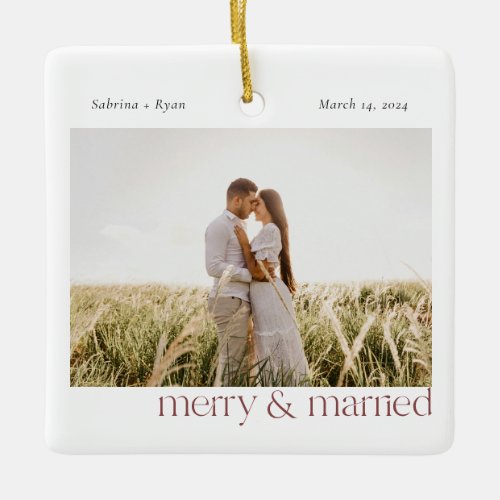 Minimal Merry and Married Photo  Maroon Ceramic Ornament