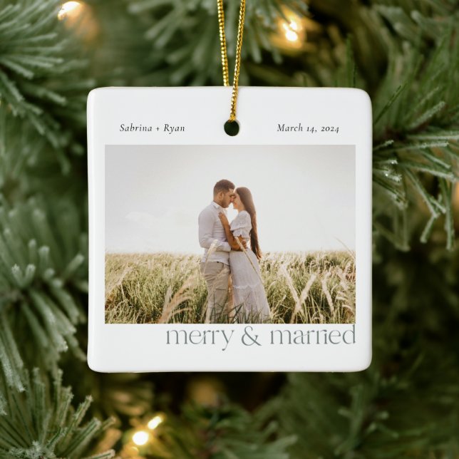 Minimal Merry and Married Photo | Sage Green Ceramic Ornament (Tree)