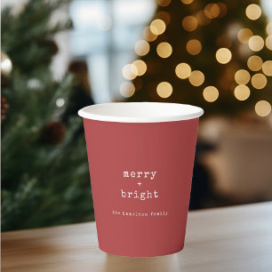 Minimal Merry + Bright Custom Name Holiday Paper Cups