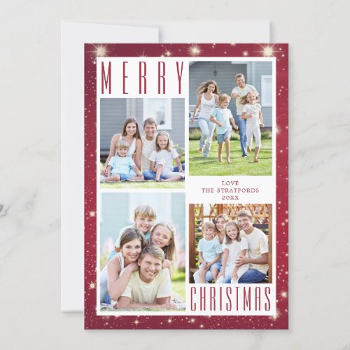 Minimal MERRY CHRISTMAS 4 Photo Collage Lights Holiday Card