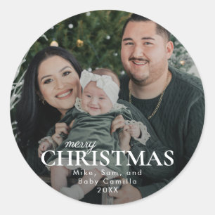 Minimal Merry Christmas Family Photo Classic Round Sticker
