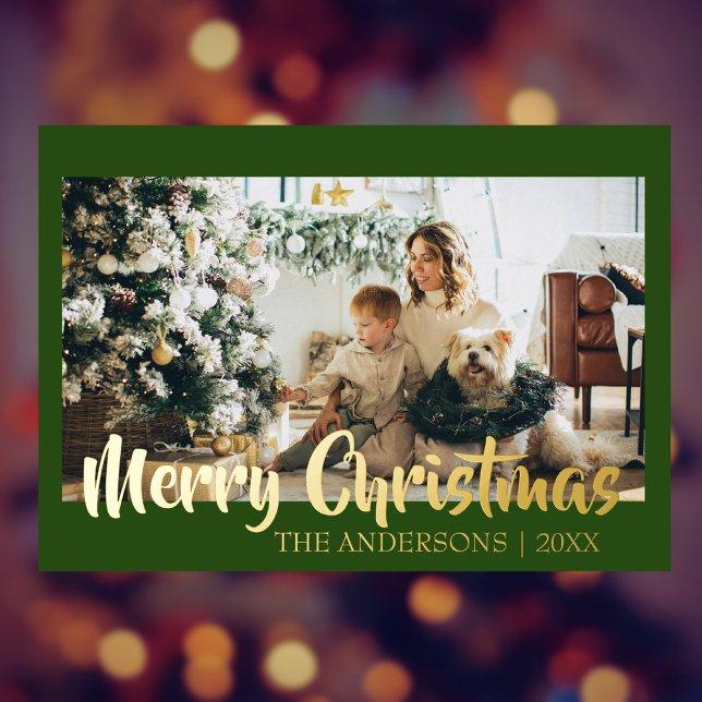 Minimal Merry Christmas Forest Green Photo Family Foil Holiday Card (Creator Uploaded)