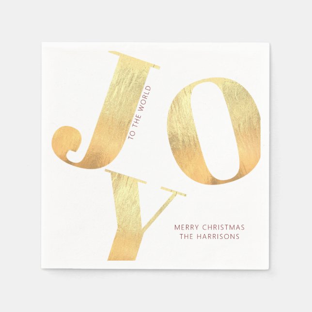 Minimal Merry Christmas Joy To The World Gold Foil Napkins (Front)