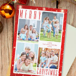Minimal MERRY CHRISTMAS Photo Collage Red Lights Holiday Card<br><div class="desc">Simple, modern design with a sleek text MERRY CHRISTMAS against a red background with lights. Include four photos and your custom text on the front and/or back (optional). PHOTO TIP: Select photos with the subject in the middle or pre-crop them in similar shapes as shown for easy-to-upload images that fill...</div>