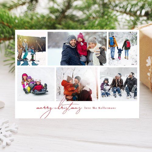 minimal merry christmas red 6 Photo Collage Holiday Card
