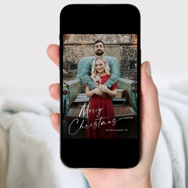 Minimal Merry Christmas Script 2 Photo Holiday Card (Front Digital)