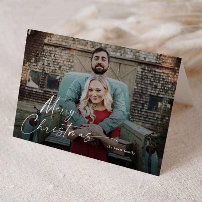 Minimal Merry Christmas Script 2 Photo Holiday Card (Modern script Merry Christmas Photo Holiday Cards.)