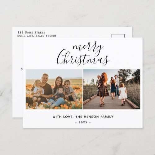 Minimal Merry Christmas Script Family 2 Photo  Holiday Postcard