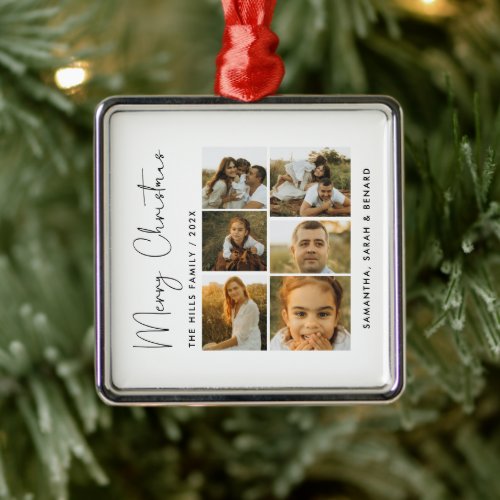Minimal Merry Christmas Script  Family  6 Photos Metal Ornament