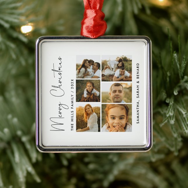 Minimal Merry Christmas Script  Family  6 Photos Metal Ornament (Tree)